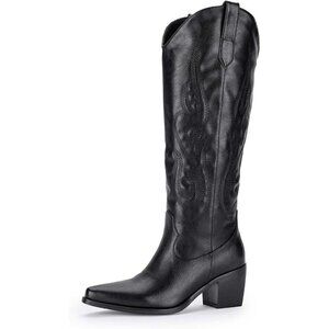 Pasuot Cowboy Boots Women Black Faux Leather Knee High Wide Calf Slip On Boots
